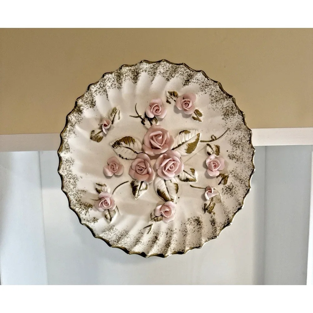 Vintage Lefton Plaque Raised Pink Roses‎ Porcelain